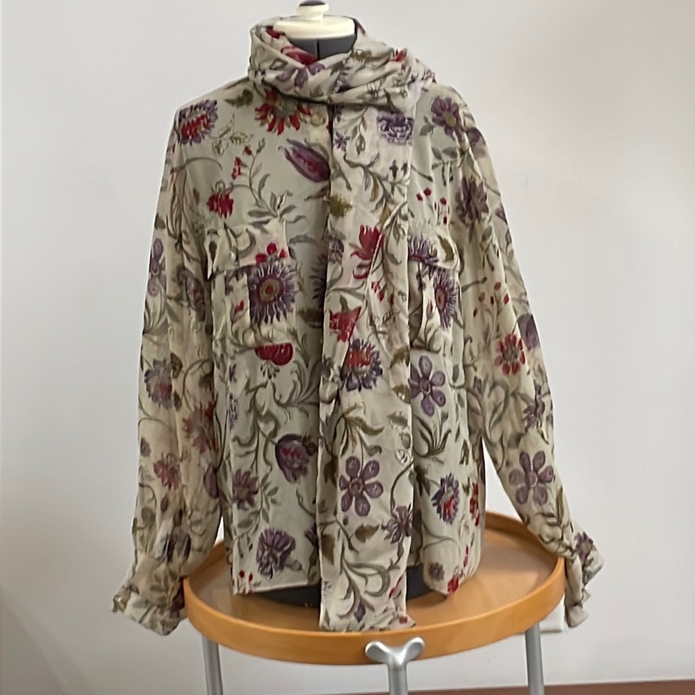 GLORIA SACHS Vintage Silky Sheer Floral Blouse with Scarf - Picture 2 of 10